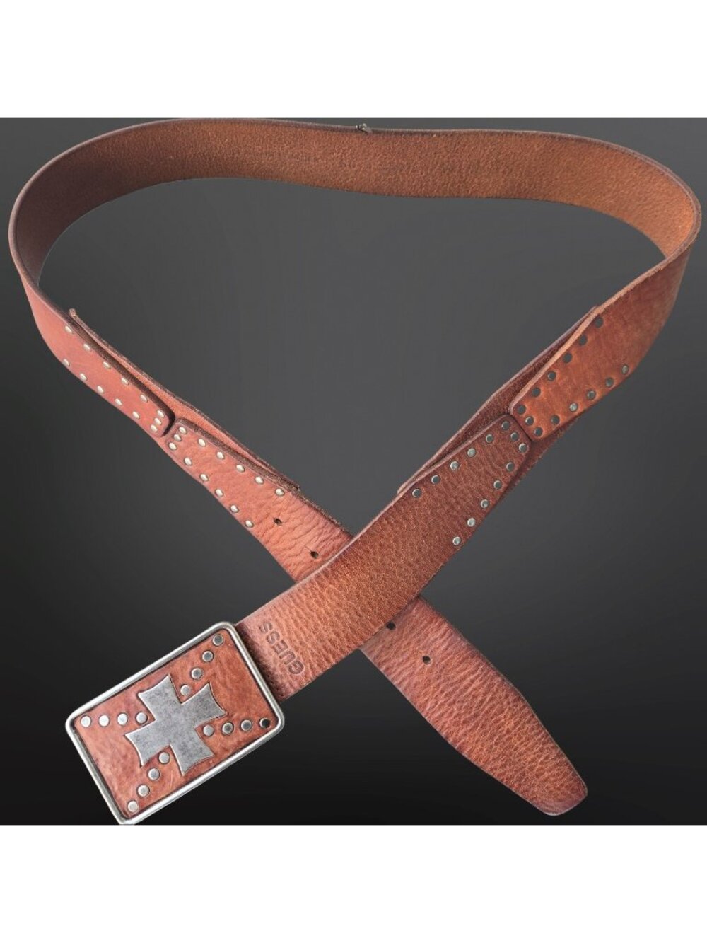 Vintage Y2K GUESS Mens Studded Iron Cross Brown Leather Belt Size 36 Grunge Goth